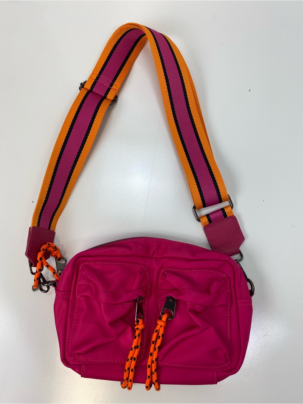 Saint + Sofia Fuchsia Crossbody Bag with Striped Orange and Pink Strap